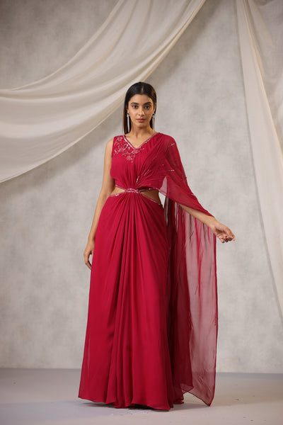 RASPBERRY PIN K WAIST CUTOUT DRAPED SAREE