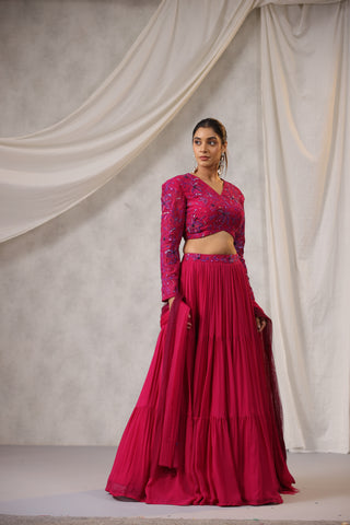 RASPBER5RY PINK FYLL SLEEVE EMBROIDERED LEHENGA SET