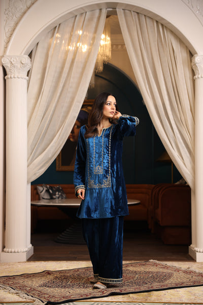 TEAL VELVET EMBROIDERED LONG YOKE KURTA SET