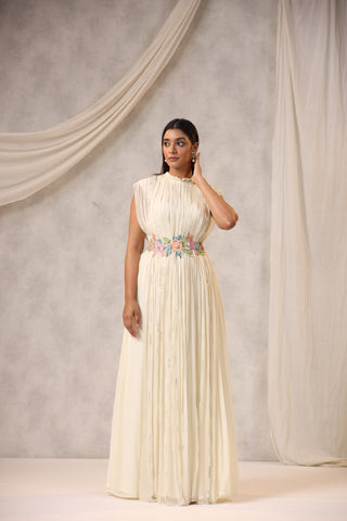 OFF WHITE GEORGETTE GATHERED GOWN WITH FLOWERS