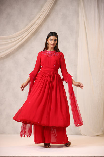 RED GEORGETTE FLORAL EMBROIDERY ANARKALI