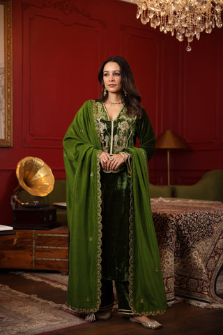 OLIVE GREEN VELVET EMBROIDERED KURTA SET