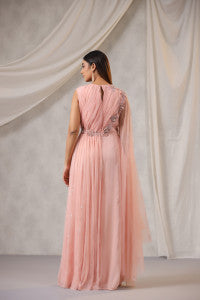 Dusty Peach One Sided Draped Net Jump Suit