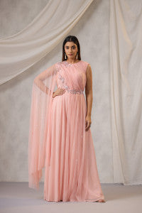 Dusty Peach One Sided Draped Net Jump Suit