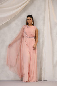 Dusty Peach One Sided Draped Net Jump Suit