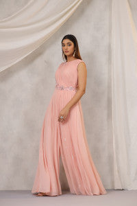 Dusty Peach One Sided Draped Net Jump Suit