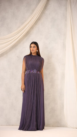 Dark Grey Georgette Sequins Embellished Gathered Gown