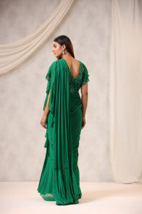 Green Georgette Draped Saree Set