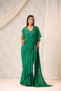 Green Georgette Draped Saree Set