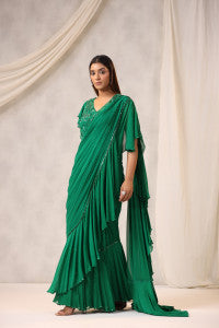 Green Georgette Draped Saree Set