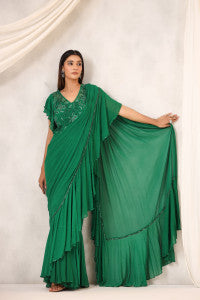 Green Georgette Draped Saree Set