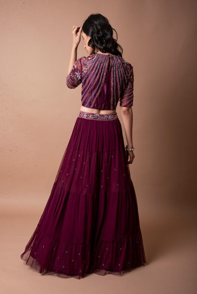 Wine tier lehenga