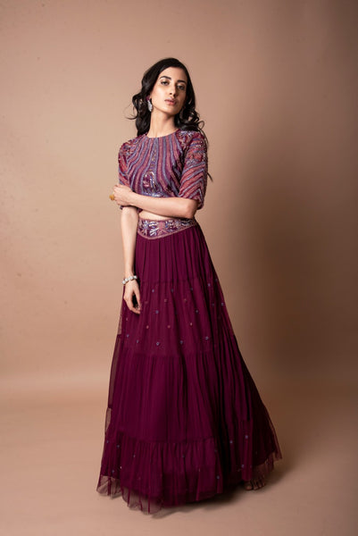 Wine tier lehenga