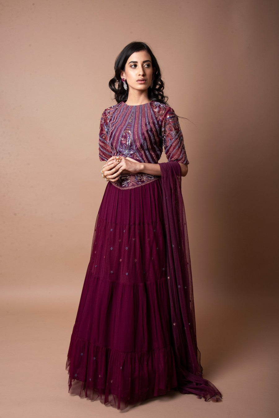 Wine tier lehenga