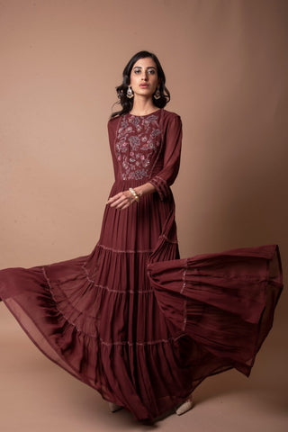 GEORGETTE ANARKALI WITH AN EMBROIDERED YOKE AND SOFT NET DUPATTA