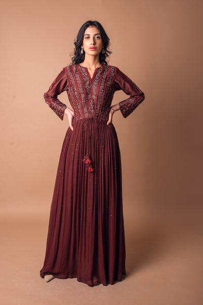 Frill Embroidered Gathered Gown