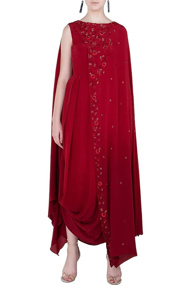 RED OMBRE COWL CONCEPT SAREE GOWN