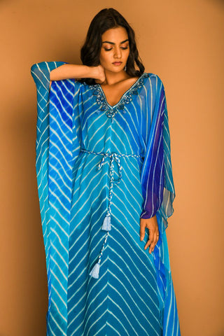 Sky Blue Georgette Leheriya Kaftan Tunic with Belt