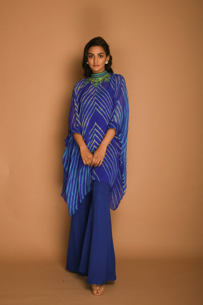 Electric blue leheriya top pant set.