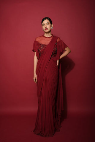 Ombre dark red draped saree