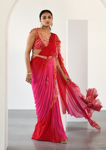 RED PINK BANDHEJ FRILL DRAPE SAREE