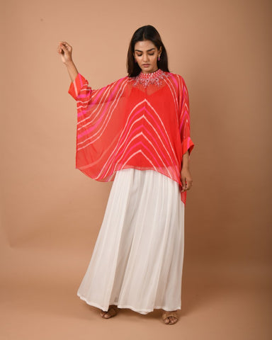 Orange pink white leheriya top pant