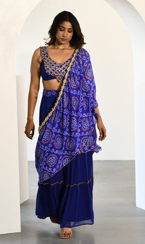 BLUE BANDHEJ  DRAPE SAREE