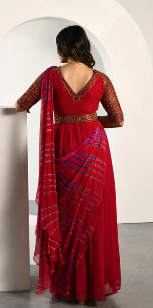 RED LEHERIYA DRAPE SAREE