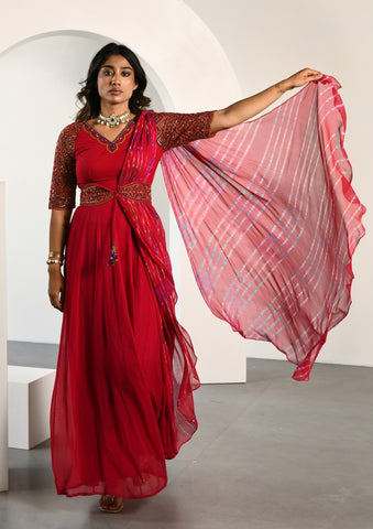 RED LEHERIYA DRAPE SAREE