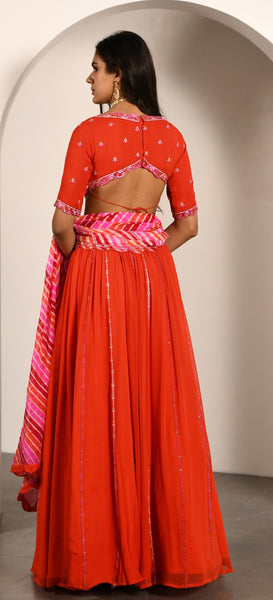 ORANGE PINK LEHERIYA LEHENGA