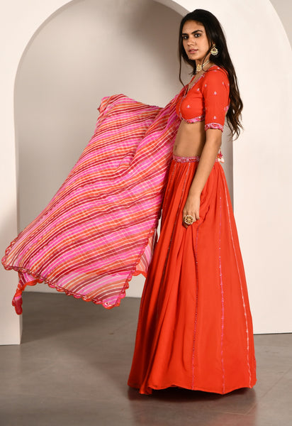 ORANGE PINK LEHERIYA LEHENGA