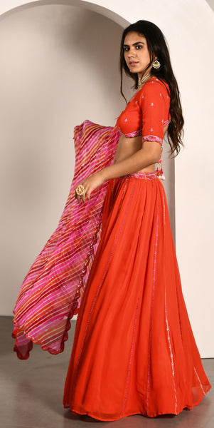 ORANGE PINK LEHERIYA LEHENGA