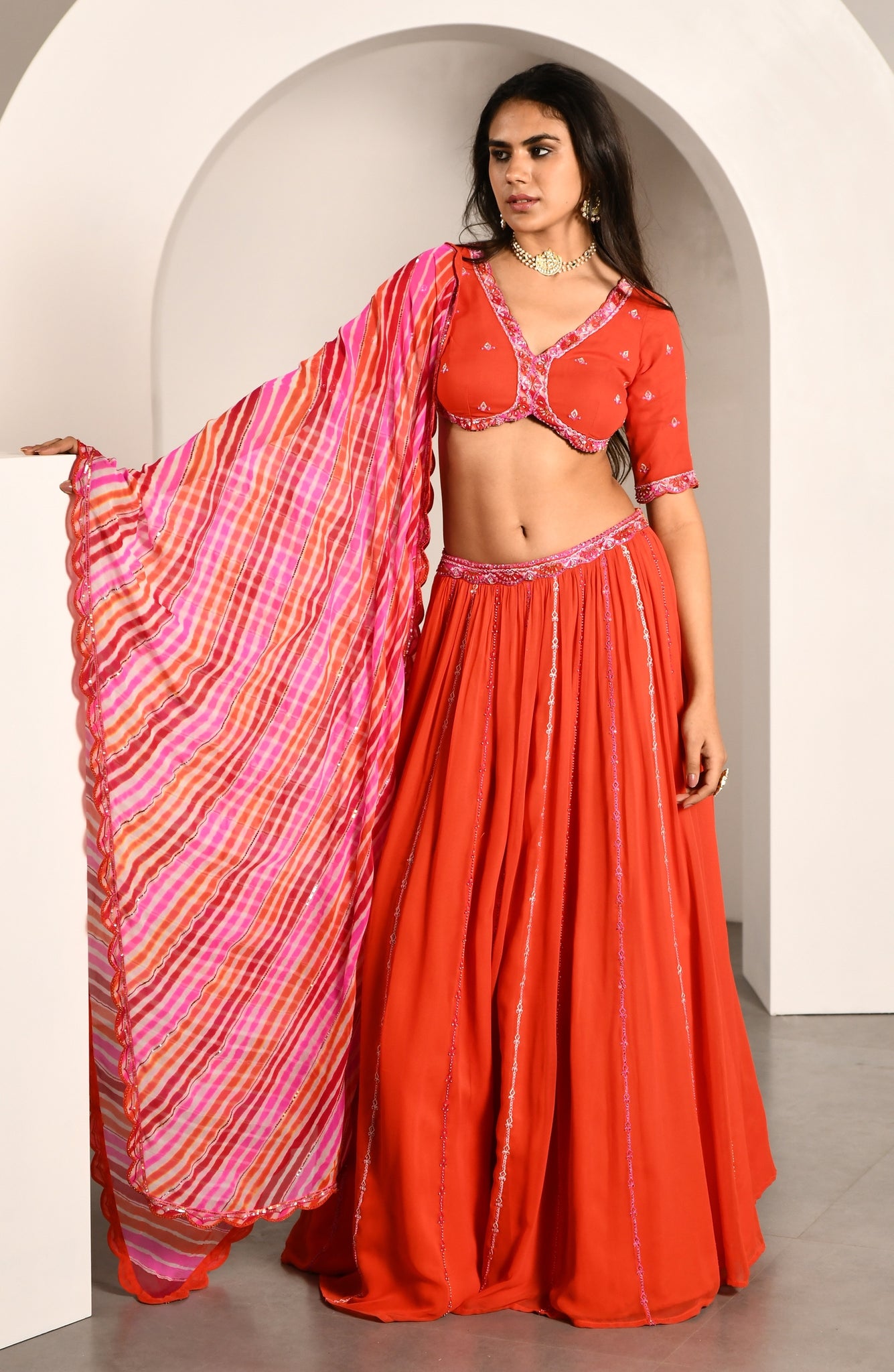 ORANGE PINK LEHERIYA LEHENGA