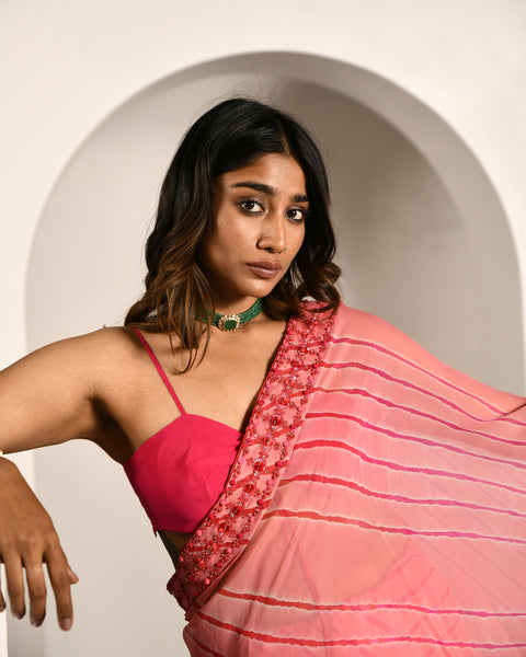 PEACH AND PINK LEHARIYA DREAP SAREE