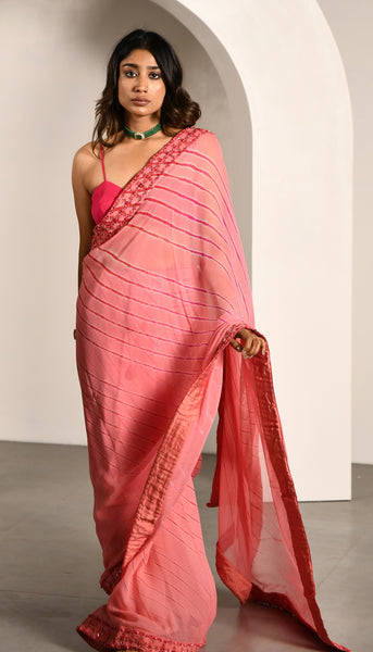 PEACH AND PINK LEHARIYA DREAP SAREE