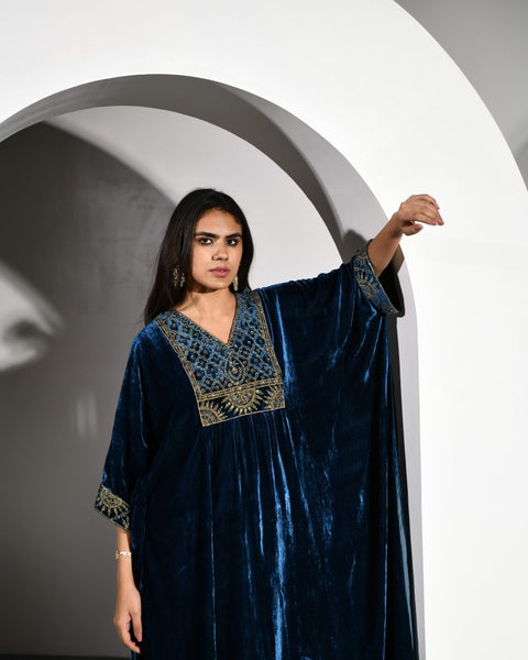 TEAL EMBROIDERED YOKE VELVET KURTA