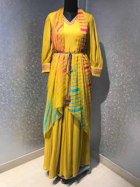 Gown with multi colour leheriya dupatta