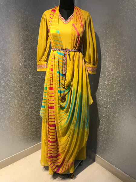 Gown with multi colour leheriya dupatta