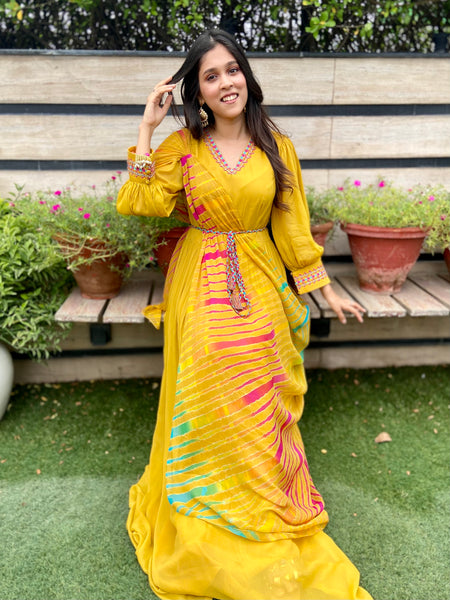 Gown with multi colour leheriya dupatta