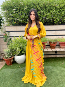 Gown with multi colour leheriya dupatta