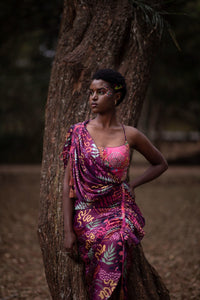 PINK ANIMAL PRINT CROP TOP BLOUSE WITH WINE PRINT DRAPE SKIRT SAREE