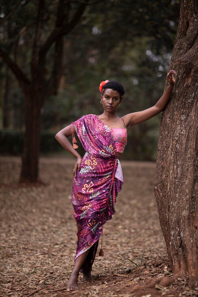 PINK ANIMAL PRINT CROP TOP BLOUSE WITH WINE PRINT DRAPE SKIRT SAREE