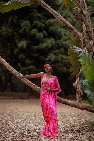 PINK  BLOUSE WITH RUFFLE DRAPE SAREE