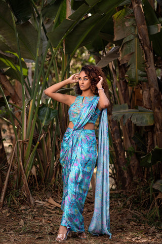 TEAL PRINT CROP TOP BLOUSE WITH DRAPE SAREE