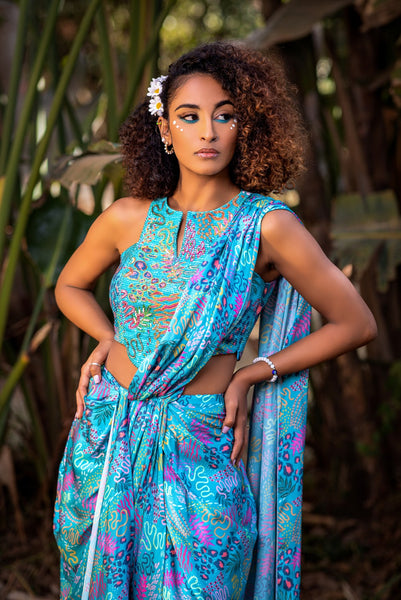 TEAL PRINT CROP TOP BLOUSE WITH DRAPE SAREE