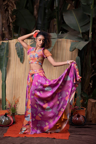 ORANGE BLOUSE WITH ORANGE AND PURPLE LEHENGA