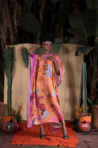 ORANGE LADY MASK PRINT KAFTAN DRESS