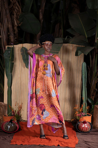 ORANGE LADY MASK PRINT KAFTAN DRESS