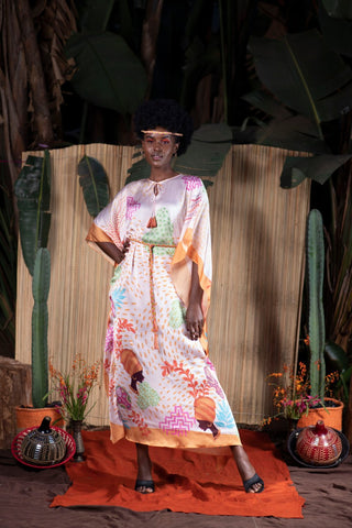 CREAM LADY MASK PRINT KAFTAN DRESS